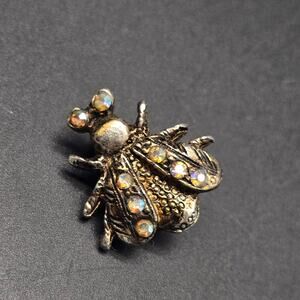 AJC Insect Fly Brooch Bronze Tone Aurora Borealis Rhinestone Vintage Bug Jewelry